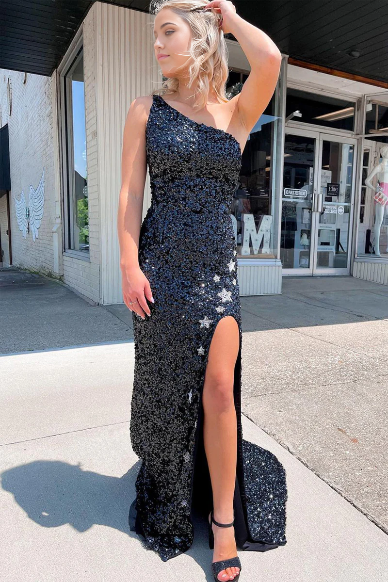 Sparkly Mermaid One Shoulder Black Sequins Long Prom Dresses with Stars